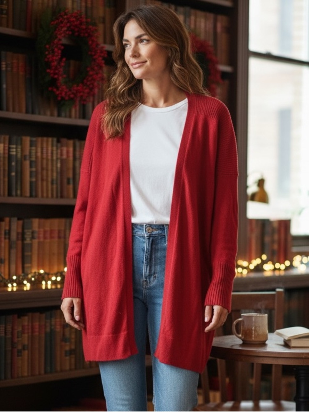 J.Jill 100% Cashmere Open Front Cardigan - Holiday red